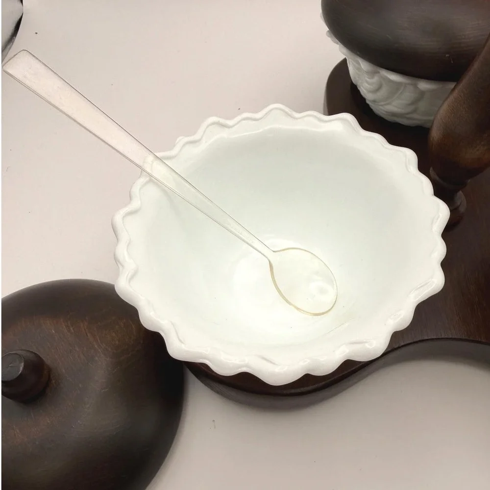 Vintage Cornwall Wood Tripod Nut Relish Dish 3 Milk Glass Bowls Maine USA